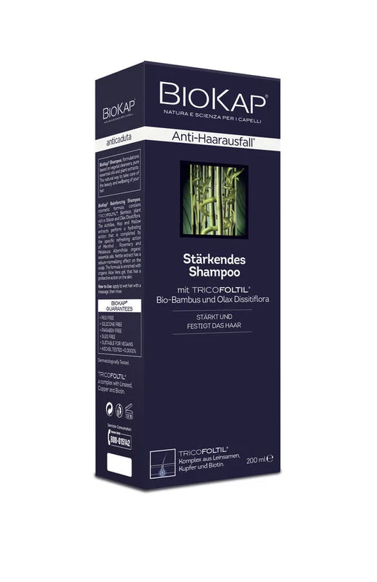 BioKap Anti-Haarausfall Stärkendes Shampoo mit TRICOFOLTIL – 200 ml Haarshampoo mit Bio-Bambus, Olax Dissitiflora, Leinsamen, Kupfer und Biotin zur Kräftigung und Festigung des Haares.