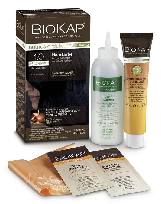 BioKap Rapid 1.0 Naturschwarz Haarfarbe – Komplettset mit Farbcreme, Entwickler, Schutzcreme, Shampoo und Umhang, natürliche Haarfarbe mit Bio-Arganöl und Tricorepair, vegan, ohne Ammoniak und Resorcin