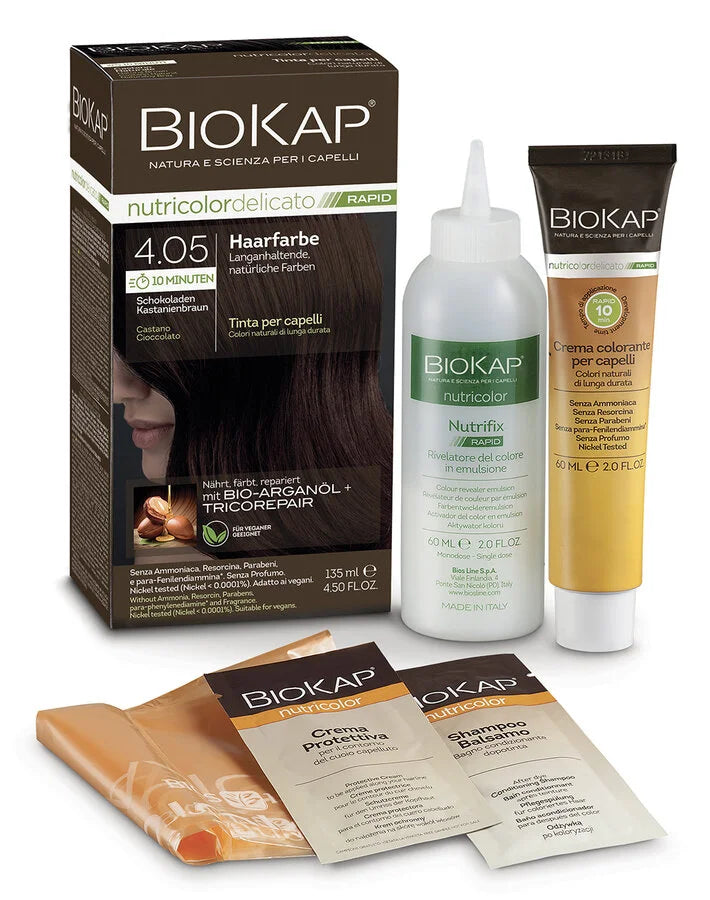 BioKap Rapid 4.05 Schokoladen Kastanienbraun Haarfarbe – Set mit Farbcreme, Entwickler, Schutzcreme, Shampoo und Umhang, vegane Haarfarbe mit Bio-Arganöl und Tricorepair, ohne Ammoniak und besonders pflegend.