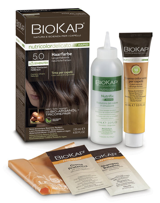 BioKap Rapid 5.0 Natur Kastanien Hellbraun Haarfarbe – Komplettset mit Farbcreme, Entwickler, Schutzcreme, Shampoo und Umhang, natürliche Haarfarbe mit Bio-Arganöl und Tricorepair, vegan und ohne Ammoniak.