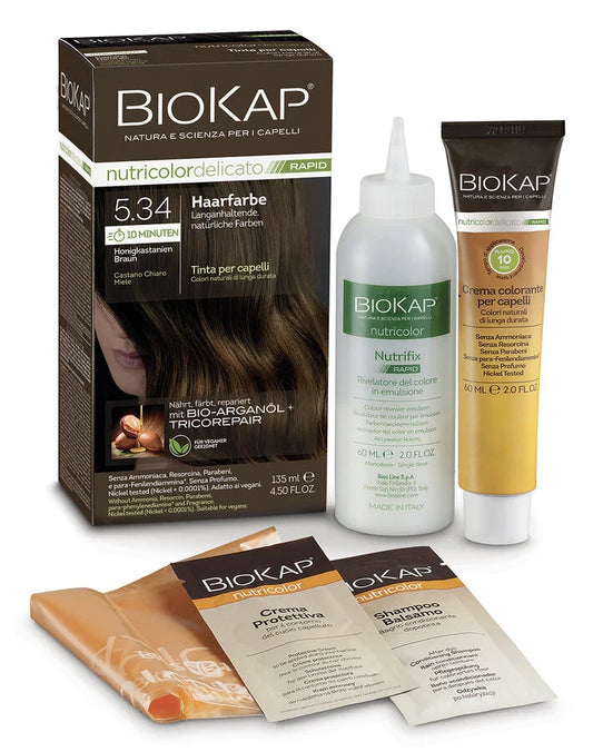 BioKap Rapid 5.34 Honigkastanien Braun Haarfarbe – Set mit Farbcreme, Entwickler, Schutzcreme, Shampoo und Umhang, natürliche Haarfarbe mit Bio-Arganöl und Tricorepair, vegan und ohne Ammoniak