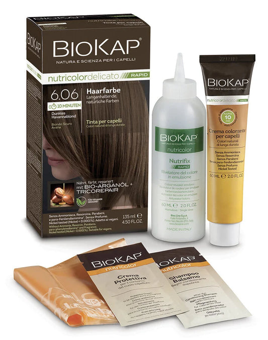 BioKap Rapid 6.06 Dunkles Havannablond Haarfarbe – Set mit Farbcreme, Entwickler, Schutzcreme, Shampoo und Umhang, natürliche Haarfarbe mit Bio-Arganöl, für vegane Anwendung, ammoniakfrei.