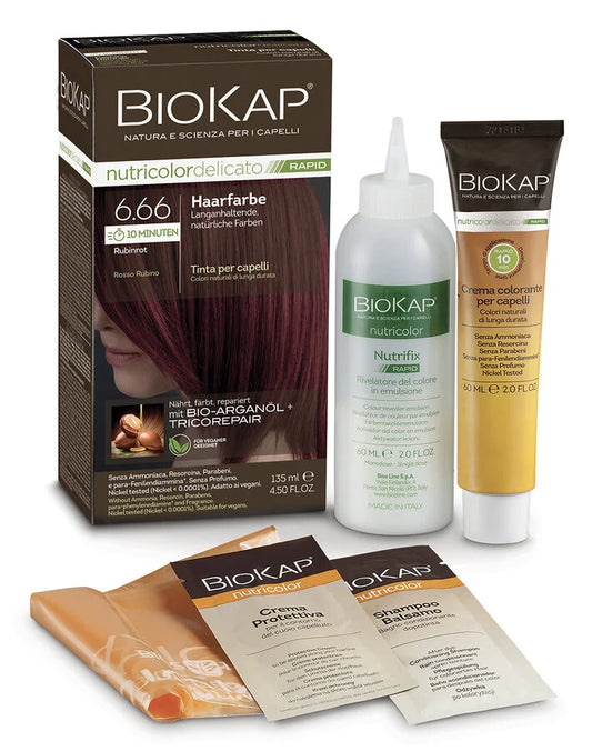 BioKap Rapid 6.66 Rubinrot Haarfarbe – Komplettset mit Farbcreme, Entwickler, Schutzcreme, Shampoo und Umhang, natürliche vegane Haarfarbe mit Bio-Arganöl und Tricorepair, ammoniakfrei und schonend zur Kopfhaut