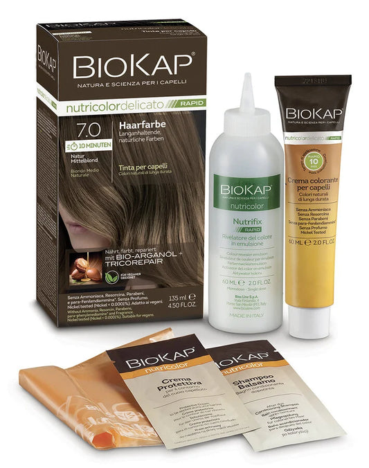 BioKap Rapid 7.0 Natur Mittelblond Haarfarbe – Set mit Farbcreme, Entwickler, Schutzcreme, Shampoo und Umhang, natürliche Haarfarbe mit Bio-Arganöl und Tricorepair, vegan, ammoniakfrei und sanft zur Kopfhaut.
