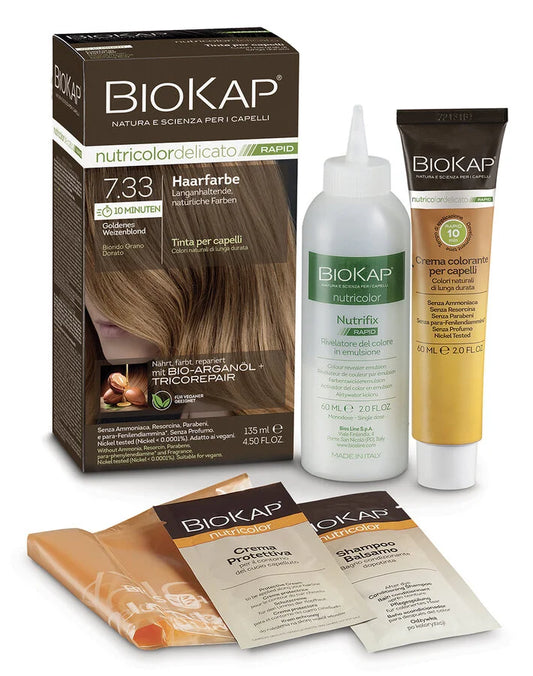 BioKap Rapid 7.33 Goldenes Weizenblond Haarfarbe – Set mit Farbcreme, Entwickler und Schutzcreme,  natürliche Haarfarbe mit Bio-Arganöl und Tricorepair, vegan und ohne Ammoniak