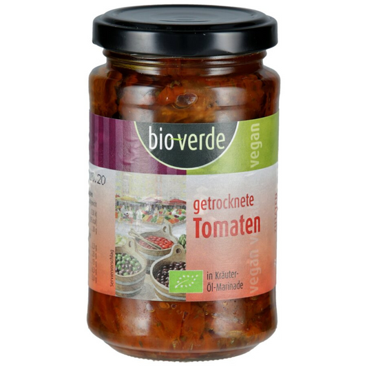 bio-verde Getrocknete Tomaten – 200 g Glas in würziger Kräuter-Öl-Marinade, vegan