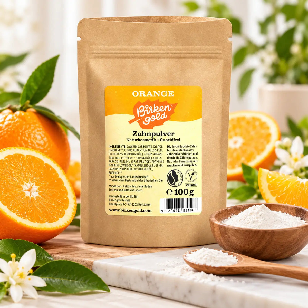 Birkengold Zahnpulver Orange Nachfüllbeutel mit Orangen und Zahnpulver