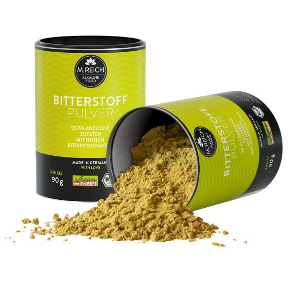 M. Reich Bitterstoff Pulver – veganes Bitterstoffpulver aus 55 pflanzlichen Zutaten, 90 g Dose geöffnet und verschlossen