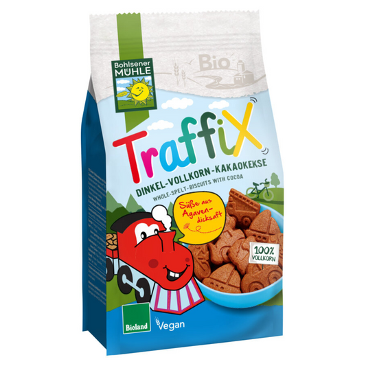 Bohlsener Mühle Traffix Dinkel-Vollkorn-Kakaokekse 125 g – Bio-Kekse mit Kakao, aus 100 % Vollkorn und Agavendicksaft, vegan nach Bioland-Standard