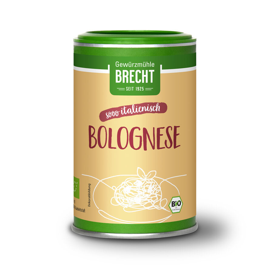 Produktbild von Brecht Bolognese, einer Bio-Gewürzmischung in einem grünen Streuer mit beige-farbenem Etikett und der Aufschrift 'Sooo italienisch'.