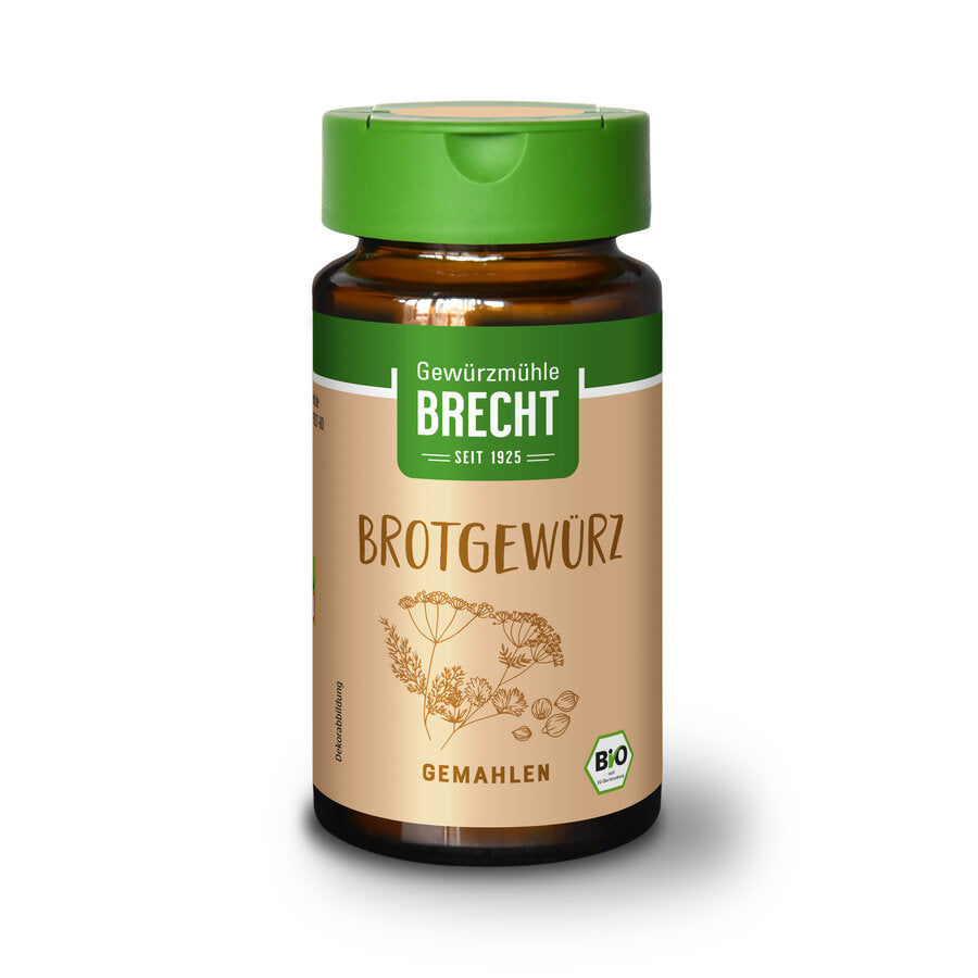 Produktbild von Brecht Brotgewürz gemahlen, einem Bio-Gewürz in einem braunen Glasbehälter mit grünem Deckel und beige-farbenem Etikett.