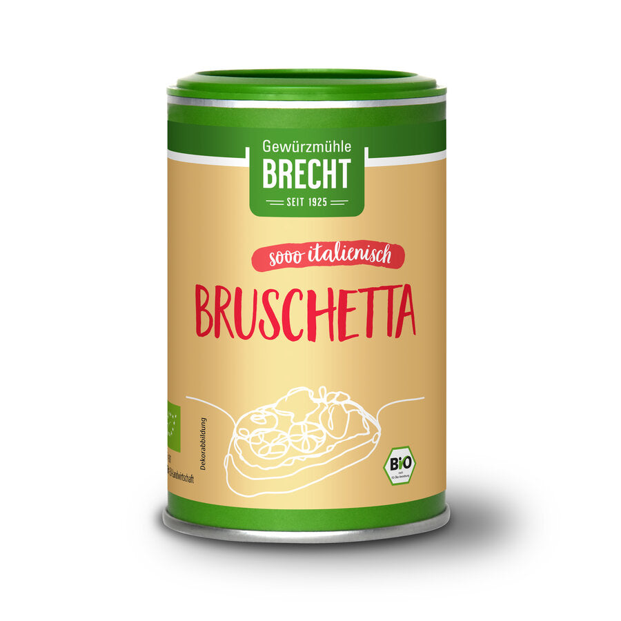 Produktbild von Brecht Bruschetta, einer Bio-Gewürzmischung in einem grünen Streuer mit beige-farbenem Etikett und der Aufschrift 'Sooo italienisch'.