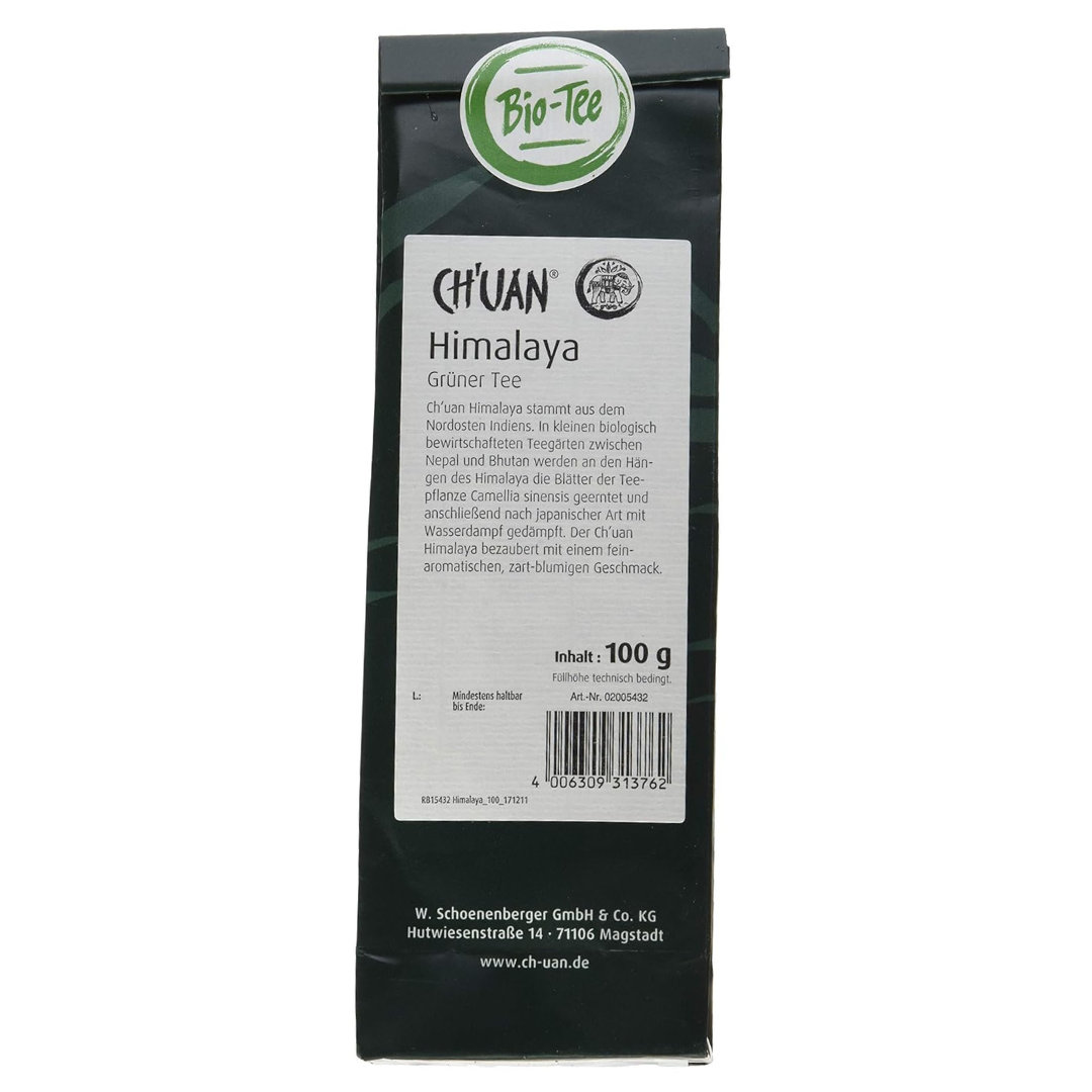 CH’UAN Himalaya Grüner Tee 100g – Rückseite der Bio-Teepackung mit Zubereitungshinweisen und Produktdetails