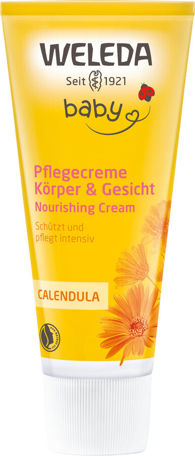 Weleda Baby Calendula Pflegecreme für Körper und Gesicht in einer gelben Tube mit Blütendesign.