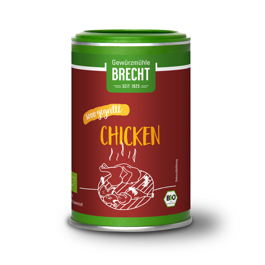 Produktbild von Brecht Chicken, einer Bio-Gewürzmischung in einem grünen Streuer mit dunkelrotem Etikett und der Aufschrift 'Sooo gegrillt'.