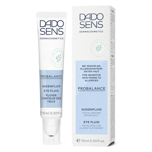 DADO SENS PROBALANCE Augenfluid 15 ml – Produktbild mit Roll-on Tube und Umverpackung zur Pflege der Augenpartie