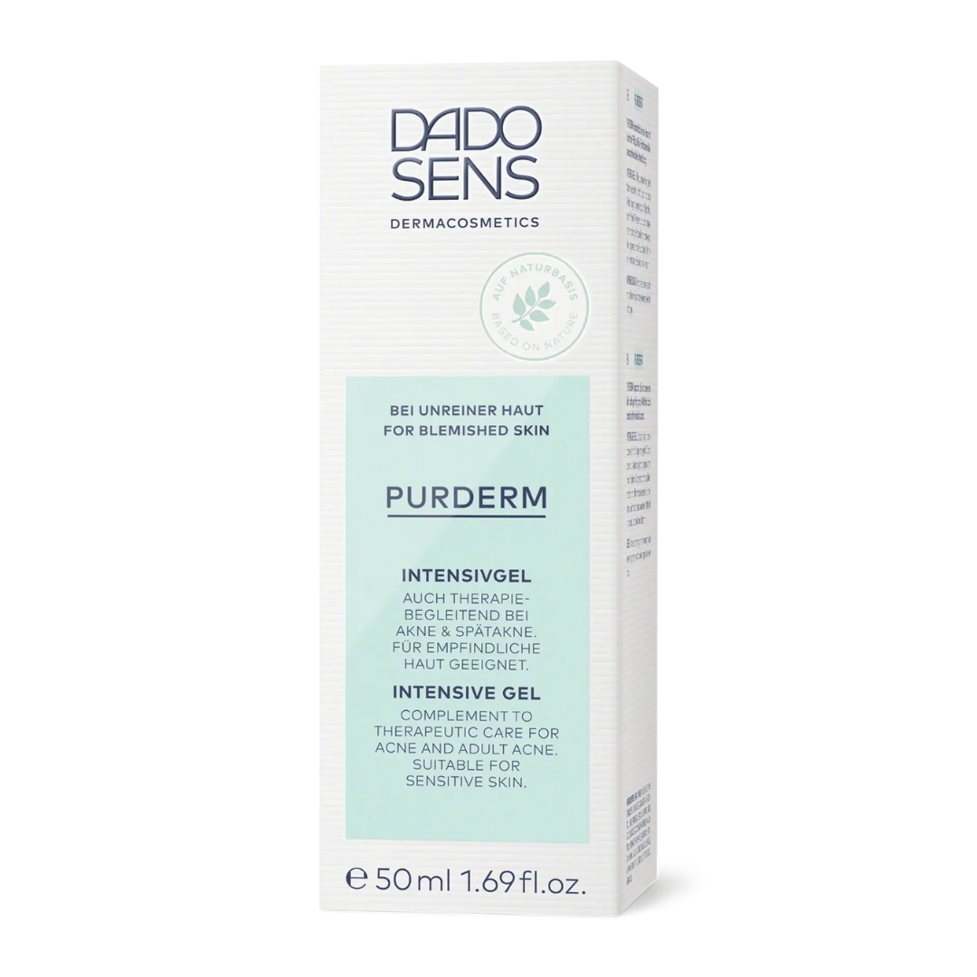 DADO SENS PURDERM Intensivgel 50 ml – Umverpackung mit Pflegehinweisen für empfindliche, unreine Haut