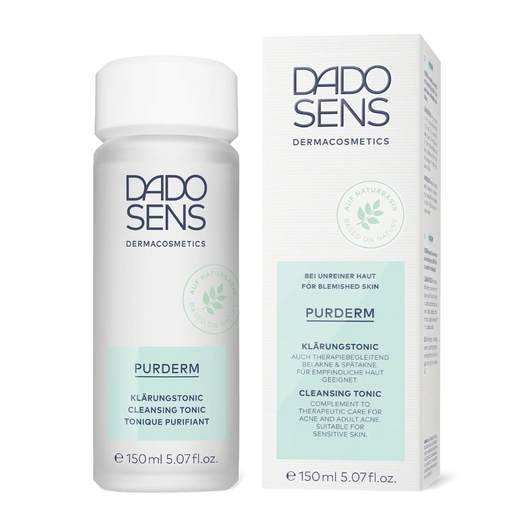 DADO SENS PURDERM Klärungstonic 150 ml – Produktbild mit Flasche und Umverpackung zur Pflege bei Akne und empfindlicher Haut