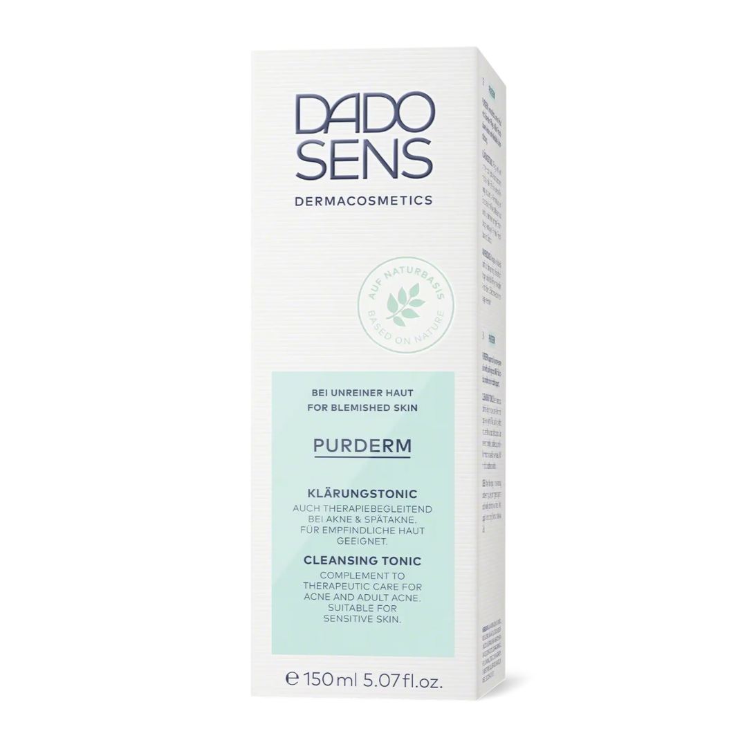 DADO SENS PURDERM Klärungstonic 150 ml – Vorderseite der Verpackung mit Anwendungsbeschreibung bei unreiner Haut