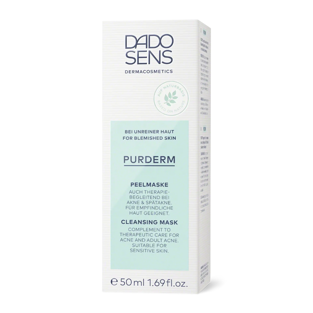 DADO SENS PURDERM Peelmaske 50 ml – Umverpackung mit Pflegehinweisen für sensible Haut mit Akne oder Spätakne