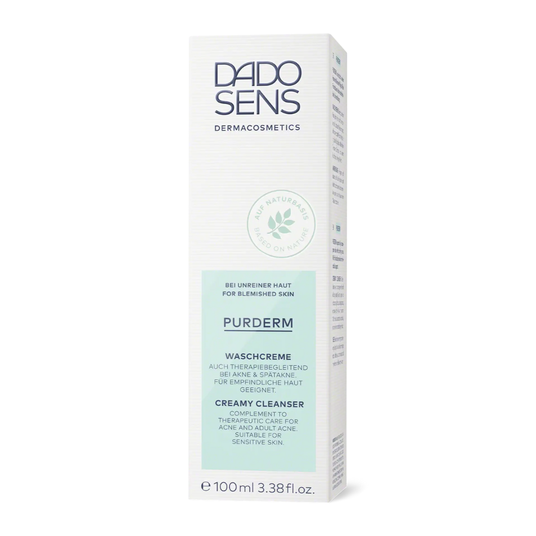 DADO SENS PURDERM Waschcreme 100 ml – Umverpackung mit Informationen zur Anwendung bei unreiner Haut