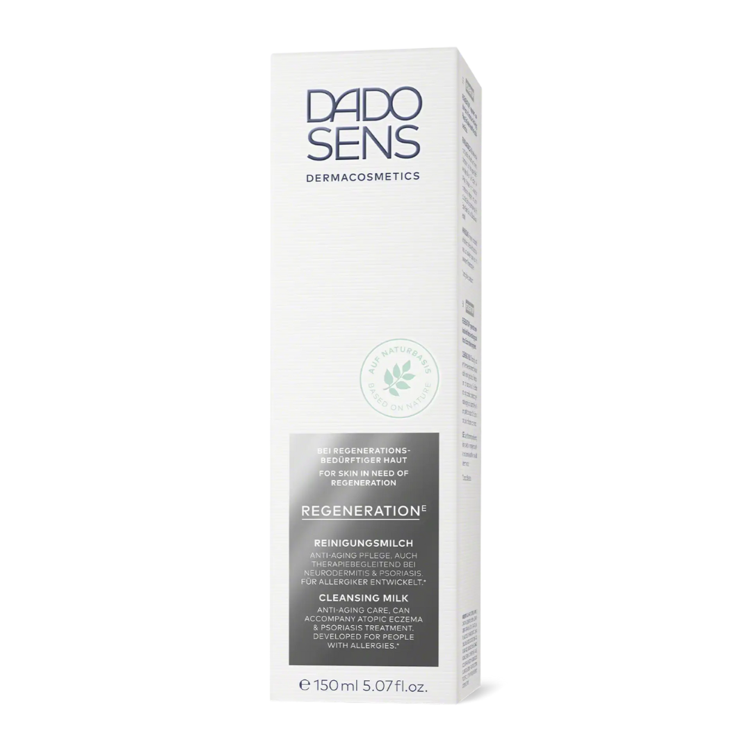 DADO SENS REGENERATION E Reinigungsmilch 150 ml – Produktverpackung für regenerationsbedürftige Haut, entwickelt für Allergiker