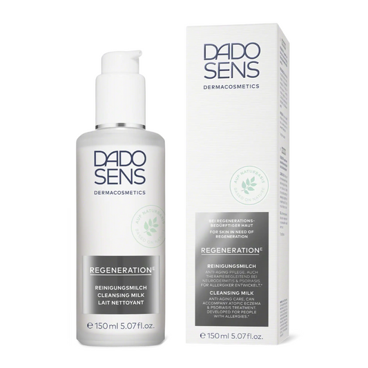 DADO SENS REGENERATION E Reinigungsmilch 150 ml – Produktabbildung mit Pumpspender und Faltschachtel zur sanften Reinigung reifer oder empfindlicher Haut