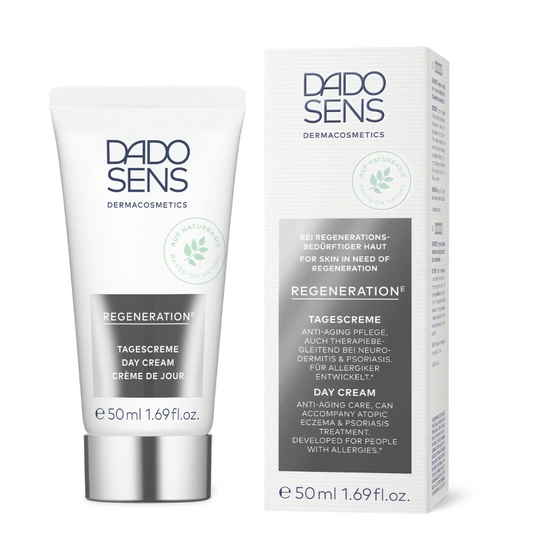 DADO SENS REGENERATION E Tagescreme 50 ml – Tube und Umverpackung der Anti-Aging Pflege bei Neurodermitis und Psoriasis