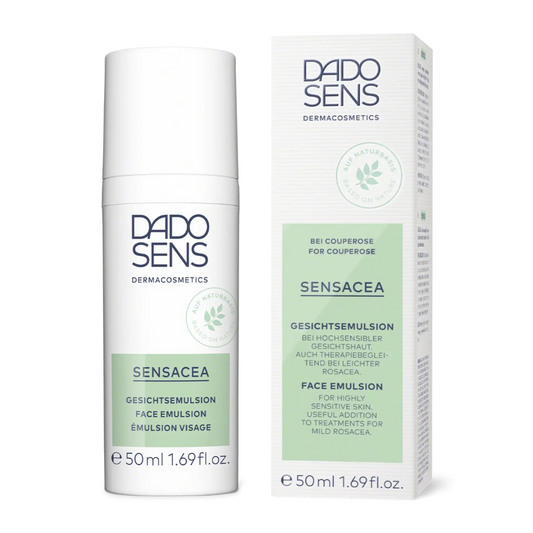 DADO SENS SENSACEA Gesichtsemulsion – Kombi-Abbildung mit Spenderflasche und Verpackung, ideal bei hochsensibler Gesichtshaut