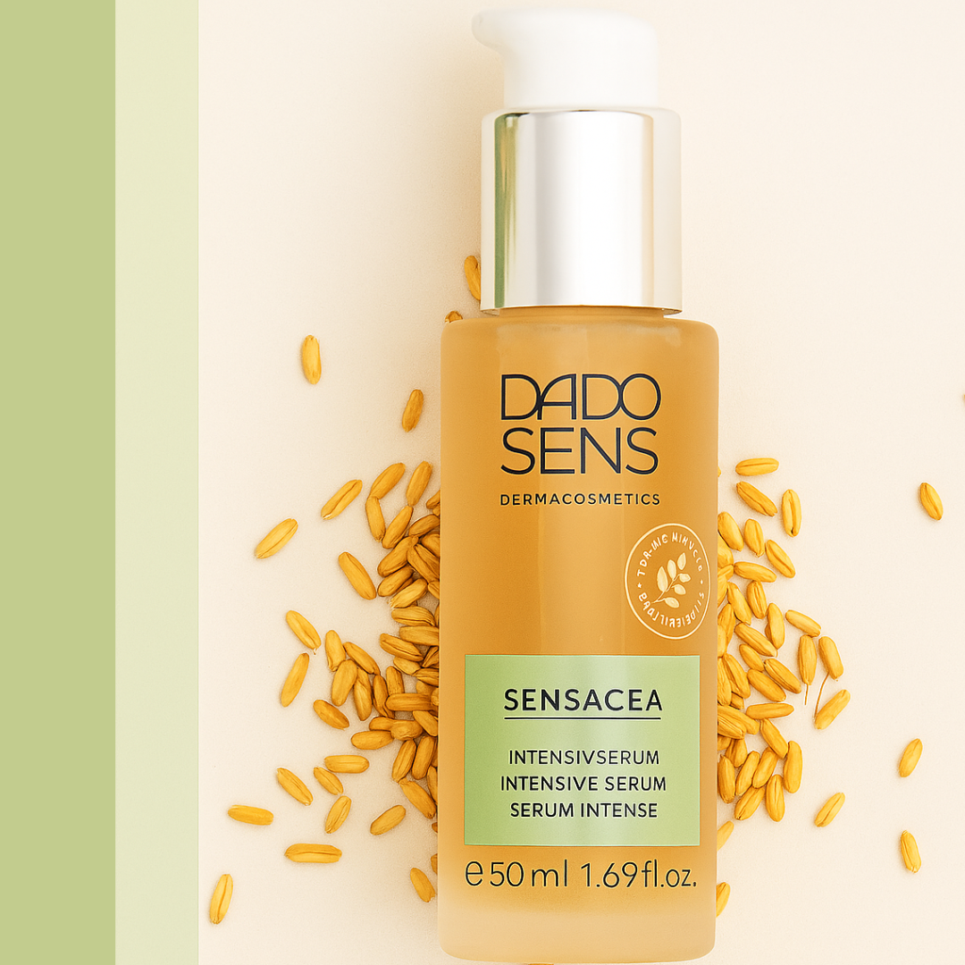 DADO SENS SENSACEA Intensivserum – Produktflasche auf Naturmotiv mit Haferkörnern, ideal bei empfindlicher Haut
