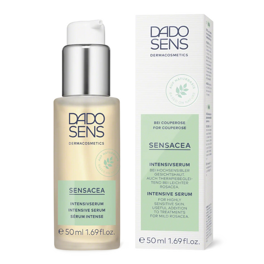 DADO SENS SENSACEA Intensivserum – Kombi-Abbildung mit Pumpspenderflasche und Umverpackung, beruhigend bei Couperose