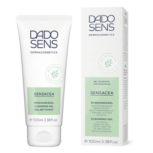 DADO SENS SENSACEA Reinigungsgel – Produktabbildung mit Tube und Faltschachtel, ideal bei Couperose und Rosacea