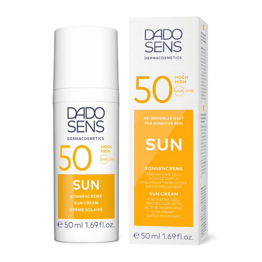 DADO SENS SUN Sonnencreme LSF 50 – praktische Spenderflasche mit Umverpackung, wasserfest und mit SymUrban™ Zellschutz