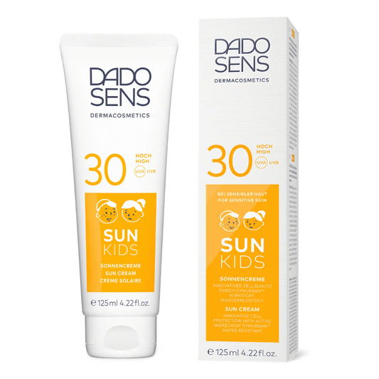 DADO SENS SUN Kids Sonnencreme LSF 30 – Tube und Umverpackung im Set, 125 ml, wasserfest und für empfindliche Haut geeignet