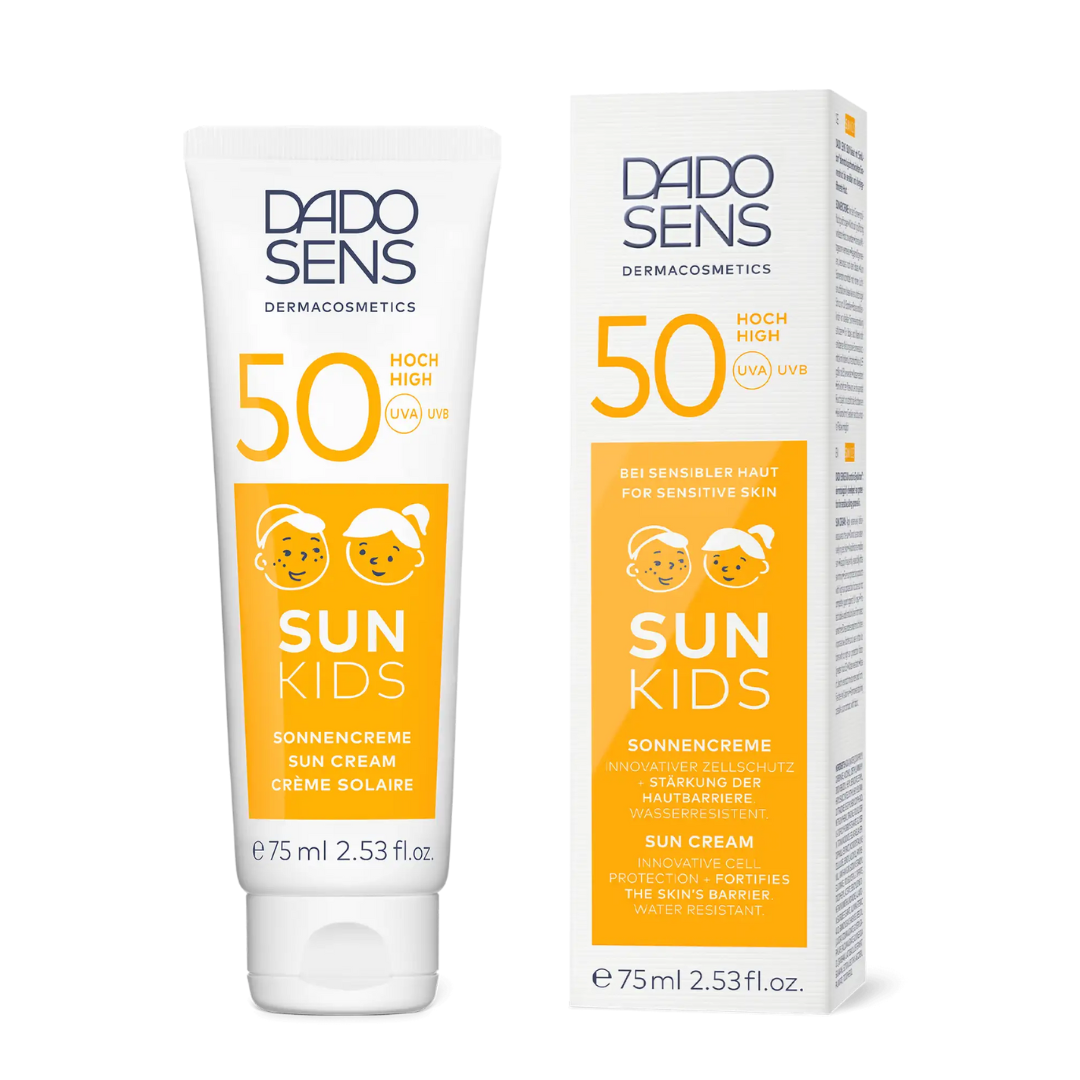 DADO SENS SUN Kids Sonnencreme LSF 50 – Produktabbildung mit Tube und Verpackung, 75 ml