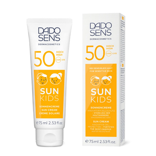 DADO SENS SUN Kids Sonnencreme LSF 50 – Produktabbildung mit Tube und Verpackung, 75 ml