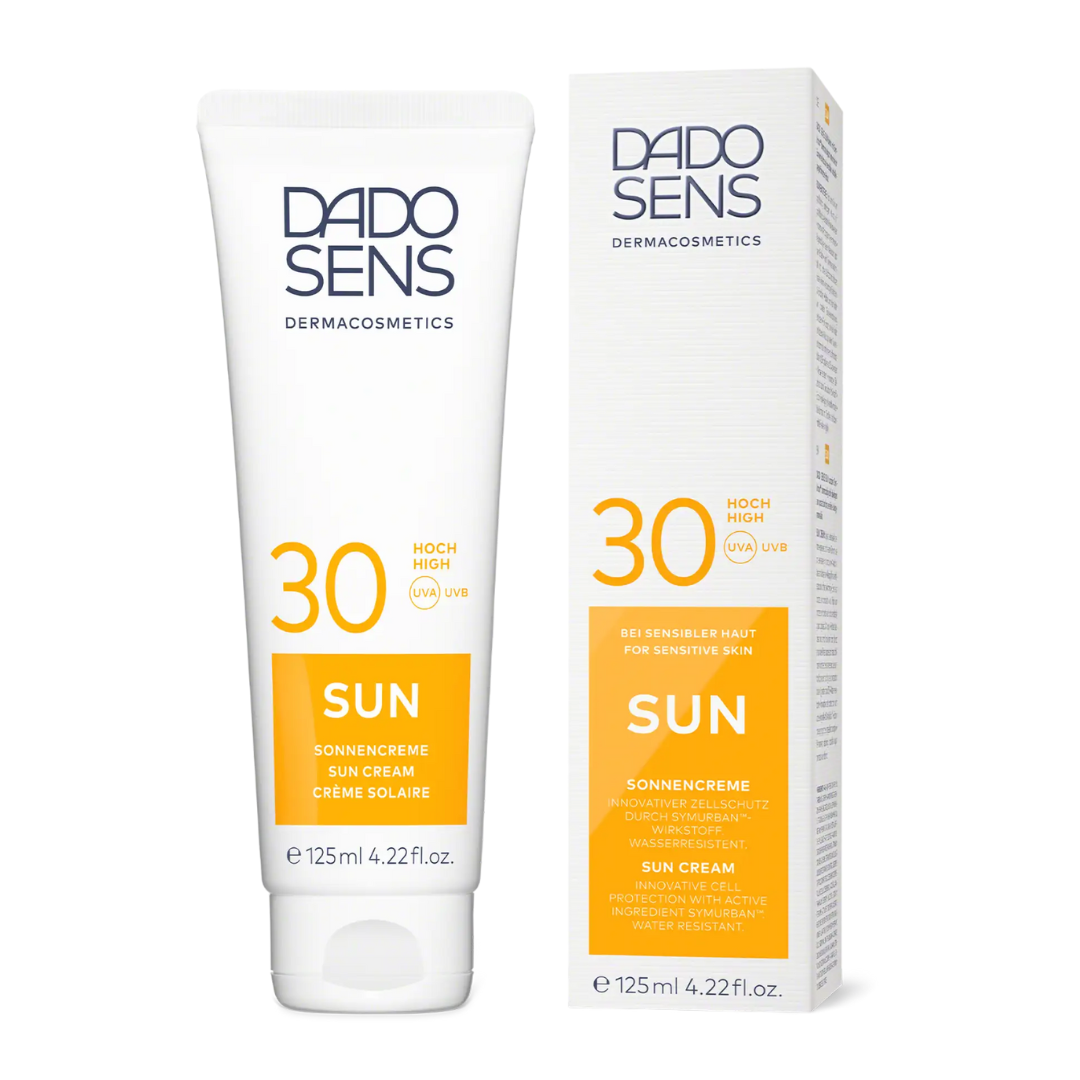 DADO SENS SUN Sonnencreme LSF 30 – Tube und Faltschachtel nebeneinander, wasserfester Sonnenschutz für empfindliche Haut