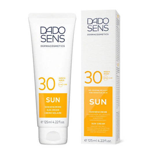 DADO SENS SUN Sonnencreme LSF 30 – Tube und Faltschachtel nebeneinander, wasserfester Sonnenschutz für empfindliche Haut