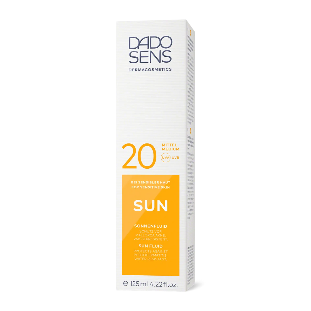 DADO SENS SUN Sonnenfluid LSF 20 – Umverpackung mit Schutz bei Mallorca-Akne, UVA-/UVB-Schutz