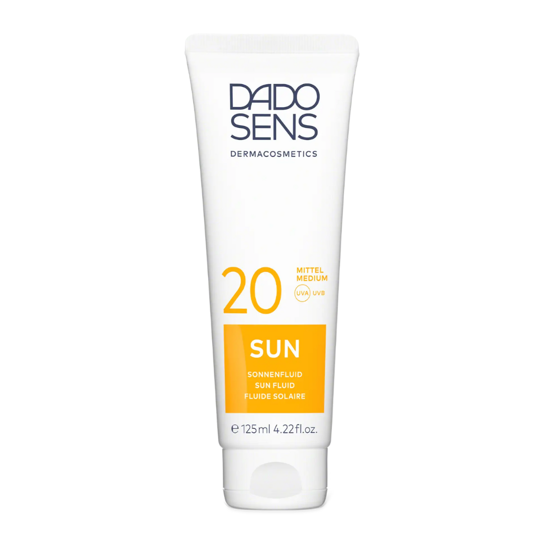 DADO SENS SUN Sonnenfluid LSF 20 – Tube freigestellt vor weißem Hintergrund, 125 ml