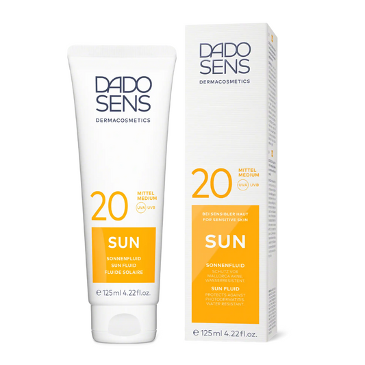 DADO SENS SUN Sonnenfluid LSF 20 – Tube und Faltschachtel im Set, wasserfester Sonnenschutz bei Mallorca-Akne
