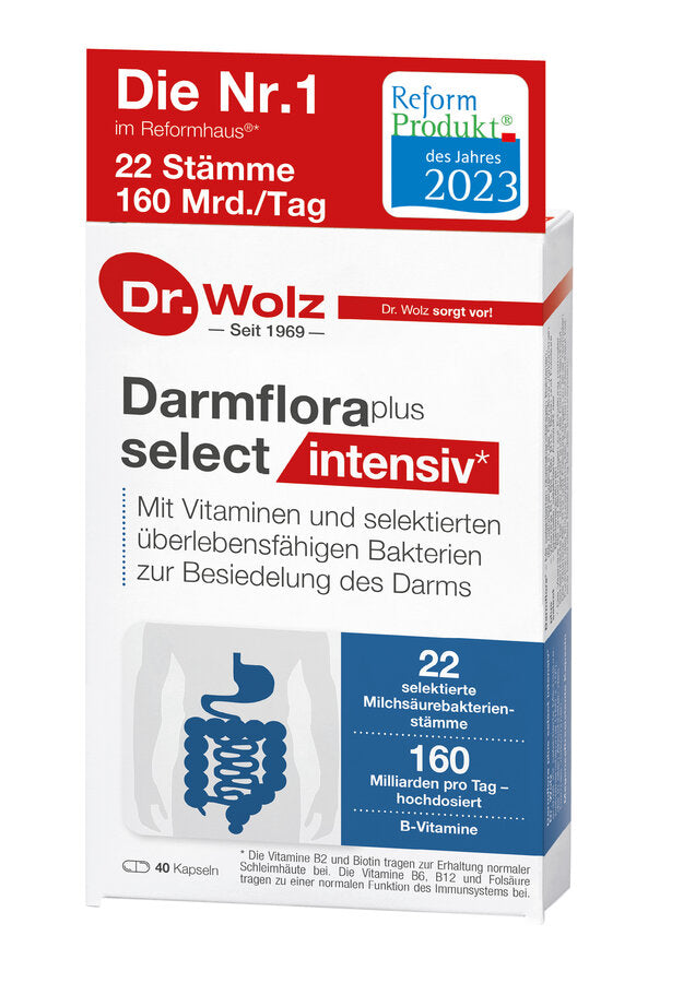 Dr. Wolz Darmflora plus select intensiv 40 Kapseln – probiotische Kapseln mit 22 Milchsäurebakterienstämmen, hochdosiert mit 160 Milliarden Bakterien pro Tag, ausgezeichnet als Reformprodukt des Jahres 2023.