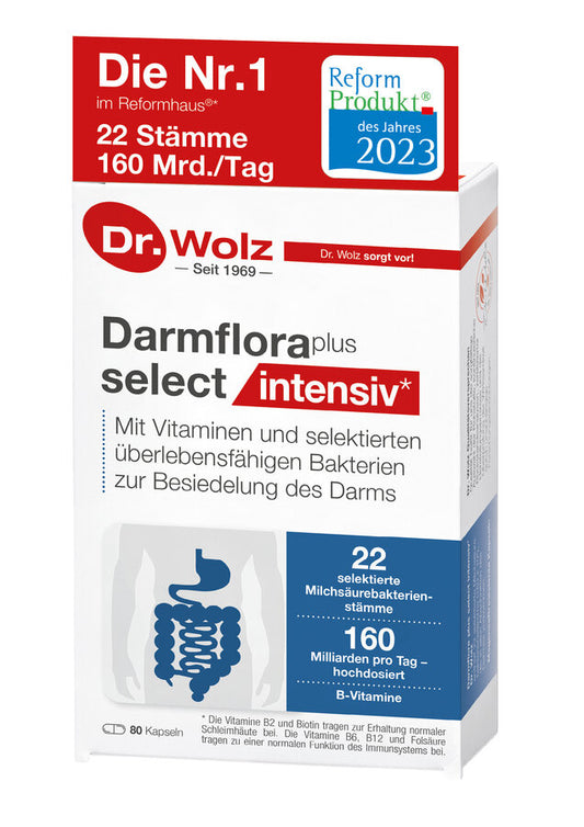 Dr. Wolz Darmflora plus select intensiv 80 Kapseln – probiotische Kapseln mit 22 Milchsäurebakterienstämmen, hochdosiert mit 160 Milliarden Bakterien pro Tag, ausgezeichnet als Reformprodukt des Jahres 2023.