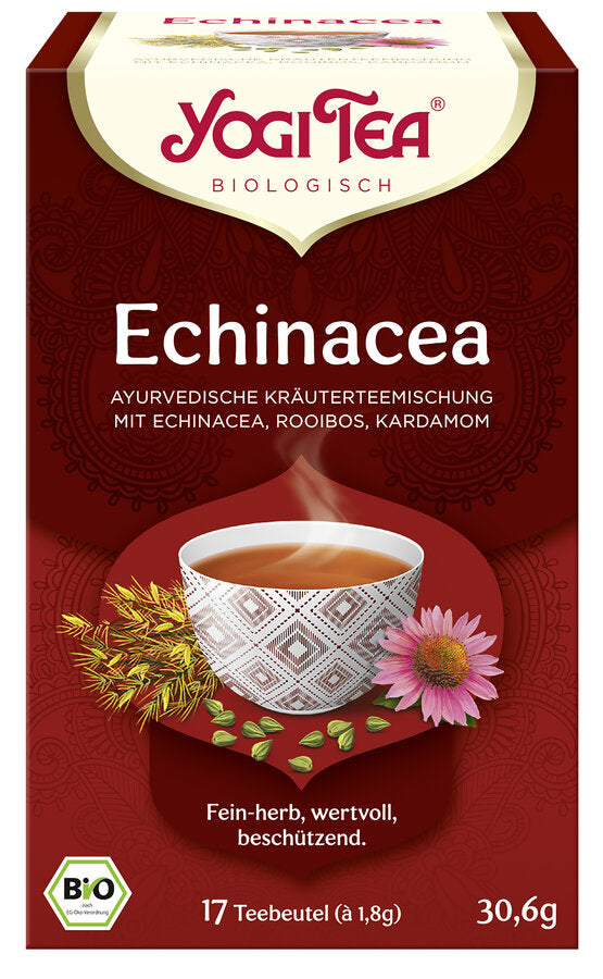 Eine Packung des 'Echinacea' Tees von Yogi Tea. Die Verpackung ist rot und zeigt eine Illustration einer Tasse Tee mit einem geometrischen Muster, umgeben von Echinacea-Blüten, Rooibos und Kardamom. Oben steht in roter Schrift 'Yogi Tea' und darunter 'Biologisch'. Die Teesorte ist als 'Ayurvedische Kräuterteemischung mit Echinacea, Rooibos, Kardamom' beschrieben. Unten steht 'Fein-herb, wertvoll, beschützend'. Es sind 17 Teebeutel à 1,8 g enthalten, insgesamt 30,6 g. Unten links ist das Bio-Siegel abgebilde