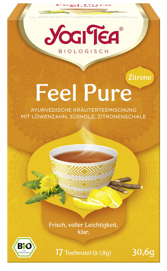 Eine Packung des 'Feel Pure Zitrone' Tees von Yogi Tea. Die Verpackung ist gelb-orange und zeigt eine Illustration einer Tasse Tee mit einem geometrischen Muster, umgeben von Löwenzahn, Süßholzwurzel und Zitronenschalen. Oben steht in roter Schrift 'Yogi Tea' und darunter 'Biologisch'. Die Teesorte ist als 'Ayurvedische Kräuterteemischung mit Löwenzahn, Süßholz, Zitronenschale' beschrieben. Unten steht 'Frisch, voller Leichtigkeit, klar'. Es sind 17 Teebeutel à 1,8 g enthalten, insgesamt 30,6 g