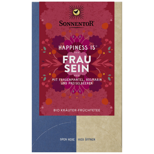 Sonnentor Happiness is Frau Sein Bio Kräuter-Früchtetee mit Frauenmantel, Rosmarin und Preiselbeeren in leuchtend roter Verpackung