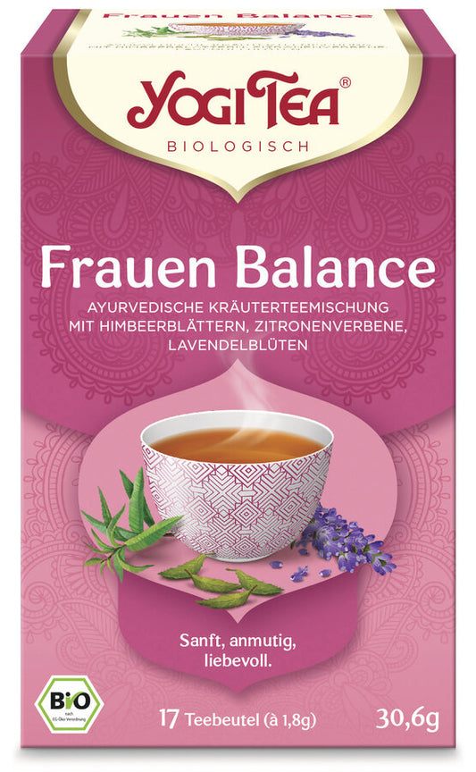 Eine Packung des 'Frauen Balance' Tees von Yogi Tea. Die Verpackung ist rosa und zeigt eine Illustration einer Tasse Tee mit einem geometrischen Muster, umgeben von Himbeerblättern, Zitronenverbene und Lavendelblüten. Oben steht in roter Schrift 'Yogi Tea' und darunter 'Biologisch'. Die Teesorte ist als 'Ayurvedische Kräuterteemischung mit Himbeerblättern, Zitronenverbene, Lavendelblüten' beschrieben. Unten steht 'Sanft, anmutig, liebevoll'. Es sind 17 Teebeutel à 1,8 g enthalten, insgesamt 30,6 g