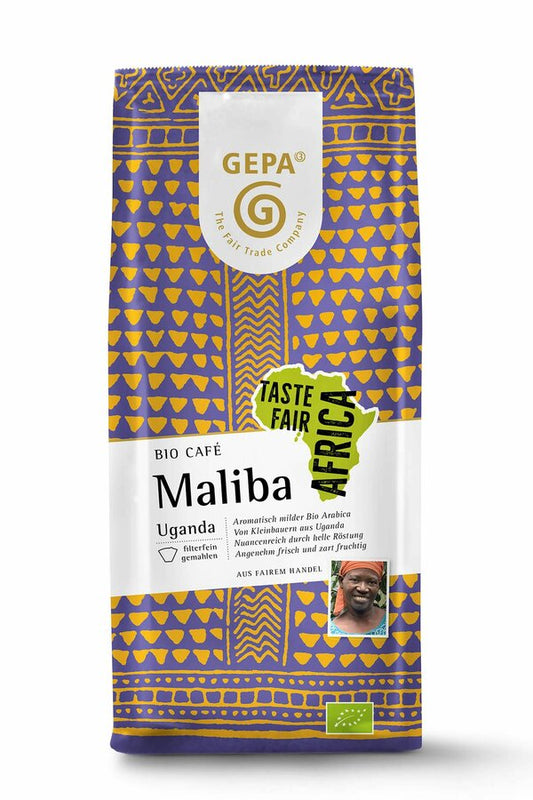 GEPA Bio Kaffee Maliba aus Uganda – fair gehandelter, gemahlener Bio Arabica in bunter Afrika-Verpackung mit Fairtrade-Siegel, 250 g, aromatisch-mild und fruchtig.