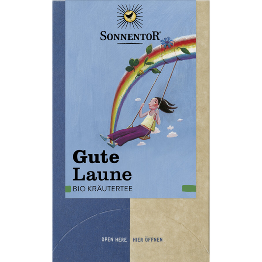 Sonnentor Gute Laune Bio-Kräutertee – farbenfrohe Verpackung mit Regenbogenmotiv für die stimmungsaufhellende Teemischung aus kontrolliert biologischem Anbau