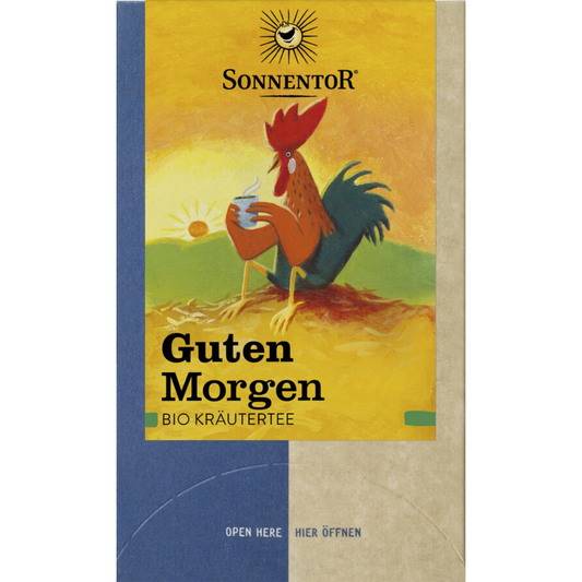 Sonnentor Guten Morgen Bio Kräutertee mit Hahn-Motiv auf gelb-blauer Verpackung, 18 Aufgussbeutel